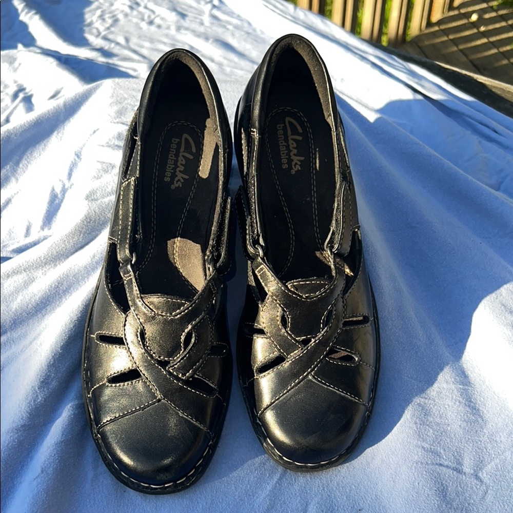 Clarks Black Leather Flats with Floral Cutouts